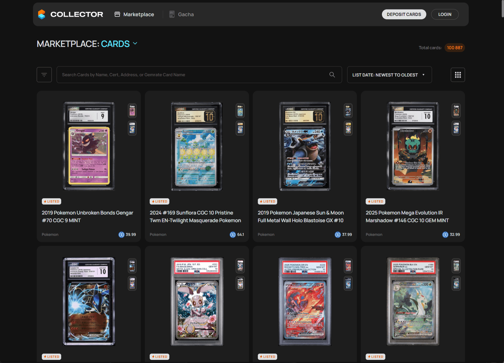 Collector Crypt's marketplace showing a grid of individually listed graded Pokémon cards with prices such as $39.99, $64.10, $37.99 and $32.99, a search field, and a total card count of 100,887.