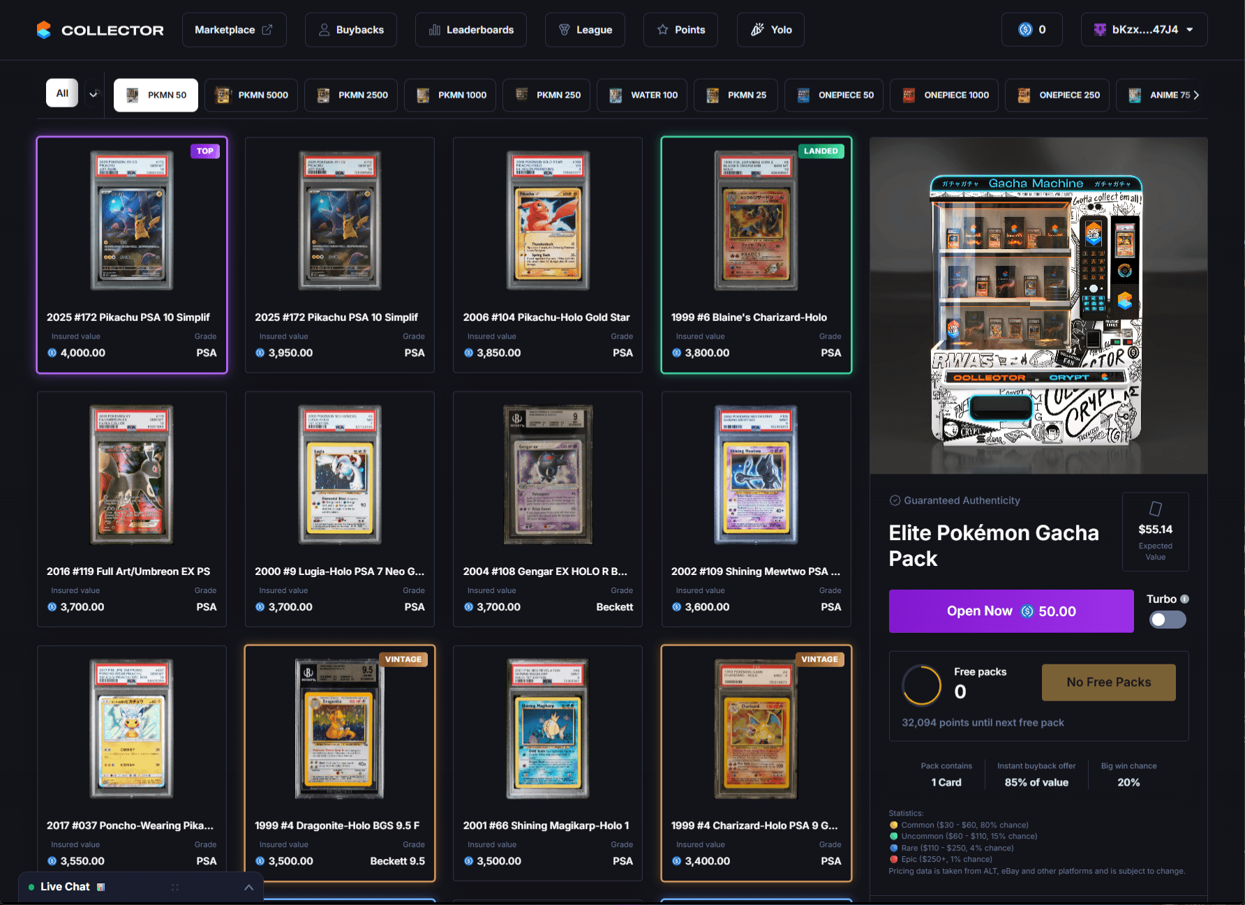 Collector Crypt's $50 Elite Pokémon Gacha Pack screen, showing an expected value of $55.14, an 85% instant buyback offer, a 20% big win chance, and tier odds of 80% common ($30-$60), 15% uncommon ($60-$110), 4% rare ($110-$250) and 1% epic ($250+).