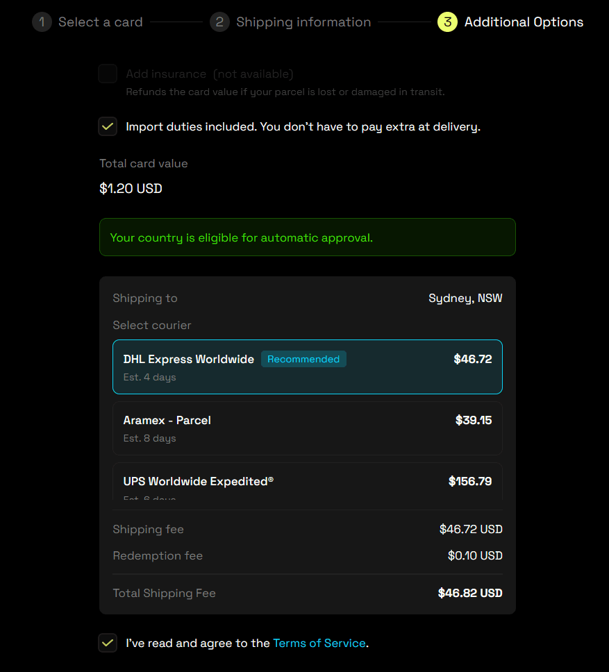 gacha.game's shipping selection for one card to Sydney, listing DHL Express Worldwide at $46.72 as recommended, Aramex Parcel at $39.15, UPS Worldwide Expedited at $156.79 and UPS Worldwide Saver at $160.69, plus a $0.10 redemption fee for a $46.82 total.